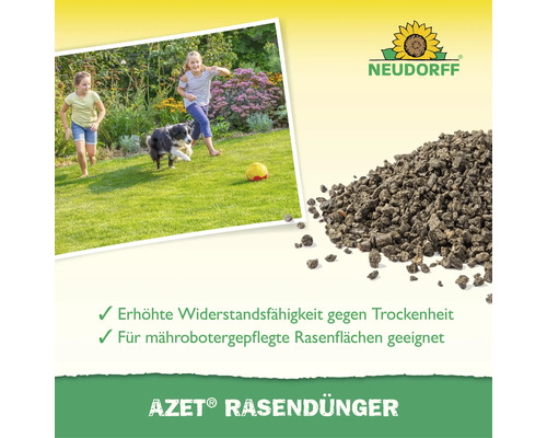 Neudorff Azet Rasendünger in Granulatform für widerstandsfähige Rasenflächen, geeignet für Mähroboter, mit zwei Kindern und Hund im Garten.