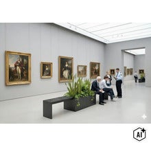 Moderne Museumsbank mit integriertem Pflanzgefäß aus Metall in einem hellen, geräumigen Ausstellungsraum mit historischen Gemälden an der Wand. (Image AI modified or generated)
