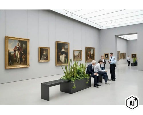 Moderne Museumsbank mit integriertem Pflanzgefäß aus Metall in einem hellen, geräumigen Ausstellungsraum mit historischen Gemälden an der Wand. (Image AI modified or generated)