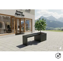 Moderne Gartenbank mit integriertem Pflanzkübel vor einem Geschäft mit Bergblick. (Image AI modified or generated)