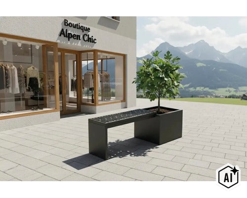 Moderne Gartenbank mit integriertem Pflanzkübel vor einem Geschäft mit Bergblick. (Image AI modified or generated)