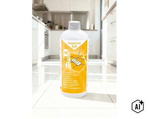 Rakkuun Smart Fluid Fliesenreiniger in einer Kunststoffflasche für die Reinigung von Fliesen und Bodenbelägen in Wohnräumen. (Image AI modified or generated)
