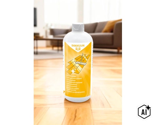 Rakkuun Parkettreiniger in einer Flasche auf einem Parkettboden vor einem unscharfen Wohnzimmerhintergrund. (Image AI modified or generated)
