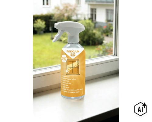 Rakkuun Glasreiniger in der Sprühflasche auf einem Fensterbrett (Image AI modified or generated)