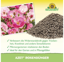 Neudorff Azet Rosendünger in Granulatform mit Anwendungshinweisen und Rosenblüten im Hintergrund
