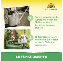 Anleitung zur Anwendung von Neudorff SF Nematoden in zwei Schritten mit Neudorff Logo und Reinigungshinweisen für Gießgeräte.