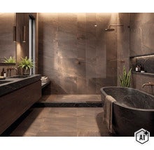 Modernes Badezimmer mit dunklen Natursteinfliesen, freistehender Badewanne, begehbarer Dusche und wandhängendem Waschbecken mit Armaturen. (Image AI modified or generated)