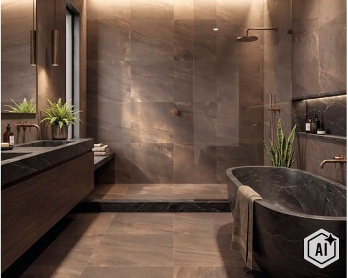 Modernes Badezimmer mit dunklen Natursteinfliesen, freistehender Badewanne, begehbarer Dusche und wandhängendem Waschbecken mit Armaturen. (Image AI modified or generated)