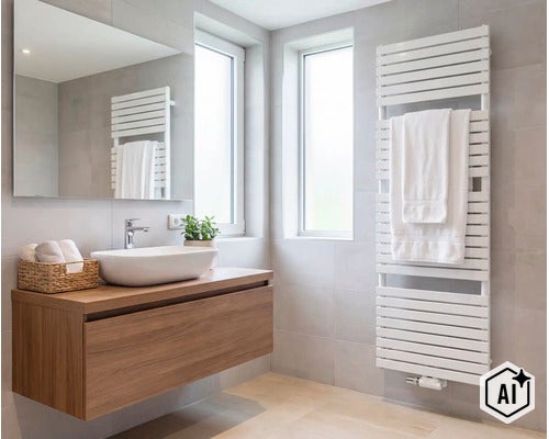 Modernes Badezimmer mit Waschtisch, Waschbecken, Spiegel und einem hohen Handtuchheizkörper an der gefliesten Wand. (Image AI modified or generated)