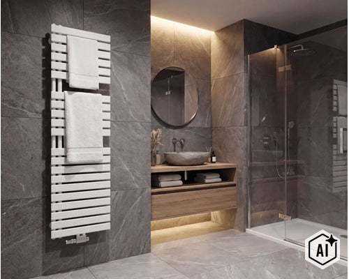 Modernes Badezimmer mit Badheizkörper, Holwaschtisch, rundem Spiegel und Duschkabine vor grauen Fliesen mit Steinoptik. (Image AI modified or generated)