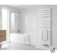 Modernes Badezimmer mit weißem Designheizkörper, Badewanne mit Duschabtrennung und Handtuchtrockner an der gefliesten Wand. (Image AI modified or generated)
