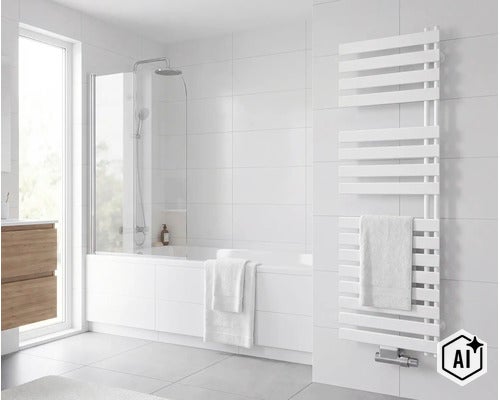 Modernes Badezimmer mit weißem Designheizkörper, Badewanne mit Duschabtrennung und Handtuchtrockner an der gefliesten Wand. (Image AI modified or generated)