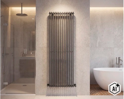 Moderner vertikaler Röhrenheizkörper als Designelement im stilvollen Badezimmer mit Regendusche und Badewanne. (Image AI modified or generated)