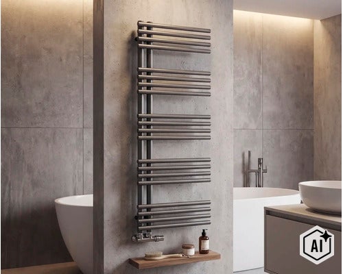 Moderner Handtuchheizkörper in einem eleganten Badezimmer mit Betonoptik Fliesen und freistehender Badewanne. (Image AI modified or generated)