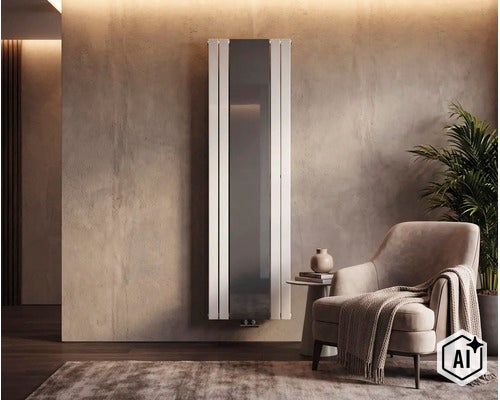 Moderner vertikaler Designheizkörper mit Spiegelelement in einem stilvoll eingerichteten Wohnraum mit Sessel und Zimmerpflanze. (Image AI modified or generated)