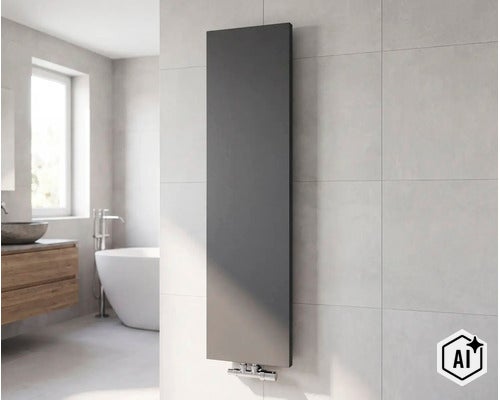 Moderner vertikaler Designheizkörper in einem hellen Badezimmer mit Fliesenwand (Image AI modified or generated)