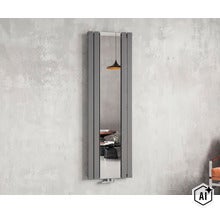 Vertikaler Design Heizkörper mit integriertem Spiegel in moderner Optik an einer Wand befestigt. (Image AI modified or generated)