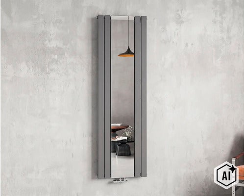 Vertikaler Design Heizkörper mit integriertem Spiegel in moderner Optik an einer Wand befestigt. (Image AI modified or generated)