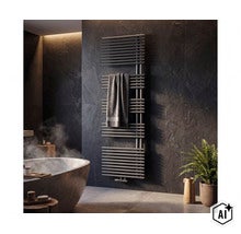 Moderner Design Badheizkörper mit Handtuchhalter montiert an einer Schieferwand in einem luxuriösen Badezimmer. (Image AI modified or generated)