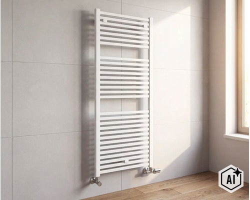 Moderner Badheizkörper zur Wandmontage in einem Badezimmer mit Fliesenwand. (Image AI modified or generated)