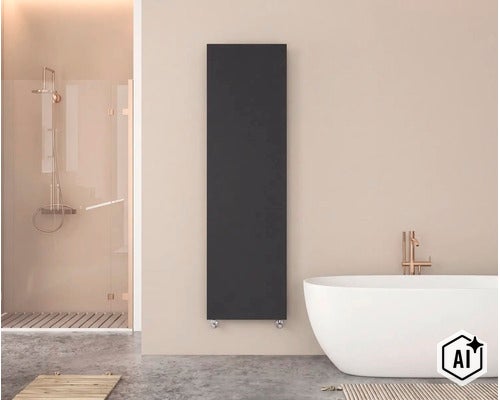 Moderner vertikaler Designheizkörper in einem hellen, stilvollen Badezimmer mit freistehender Badewanne und begehbarer Dusche. (Image AI modified or generated)