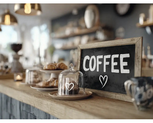 Eine Kuchentheke in einem Cafe mit einer Tafel auf der Coffee steht und einer kleinen Glasglocke mit einem Gebäck auf dem Tresen.