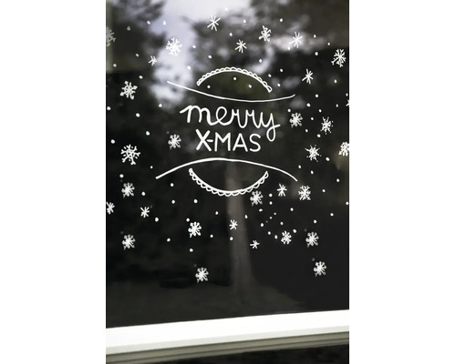 Fensteraufkleber mit Schneeflocken Motiv und der Aufschrift Merry Xmas zur weihnachtlichen Dekoration