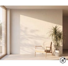 Heller, minimalistischer Wohnbereich mit einem Sessel aus Holz und einer Topfpflanze vor einer glatten Wand mit weichem Lichteinfall. (Image AI modified or generated)