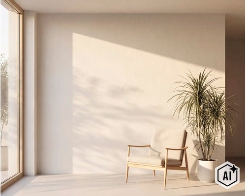 Heller, minimalistischer Wohnbereich mit einem Sessel aus Holz und einer Topfpflanze vor einer glatten Wand mit weichem Lichteinfall. (Image AI modified or generated)