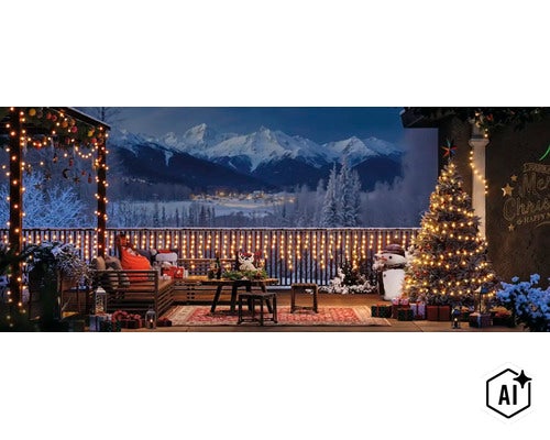 Festlich dekorierte Terrasse zur Weihnachtszeit mit Lichterketten, beleuchtetem Weihnachtsbaum, Geschenken und Blick auf verschneite Berge. (Image AI modified or generated)