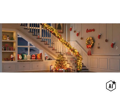Festlich dekorierte Treppe mit beleuchteter Tannengirlande, Weihnachtsbaum und Weihnachtsdekoration in einem Wohnraum. (Image AI modified or generated)