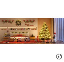 Festlich dekoriertes Schlafzimmer mit geschmücktem Weihnachtsbaum, Lichterkette, Geschenken, Wandkranz und Schneemannfigur für Weihnachtsstimmung. (Image AI modified or generated)