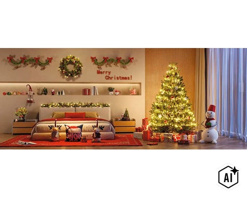 Festlich dekoriertes Schlafzimmer mit geschmücktem Weihnachtsbaum, Lichterkette, Geschenken, Wandkranz und Schneemannfigur für Weihnachtsstimmung. (Image AI modified or generated)