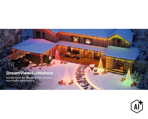 Beleuchtetes Wohnhaus im Schnee mit weihnachtlicher Dekoration und Govee LED Lichtshow im Garten bei Nacht. (Image AI modified or generated)