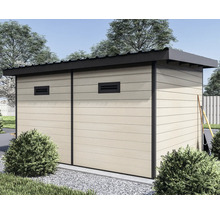 Modernes Gartenhaus mit Flachdach, Holzoptik Paneelen und Lüftungsschlitzen in einer gepflegten Gartenanlage.