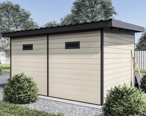 Modernes Gartenhaus mit Flachdach, Holzoptik Paneelen und Lüftungsschlitzen in einer gepflegten Gartenanlage.
