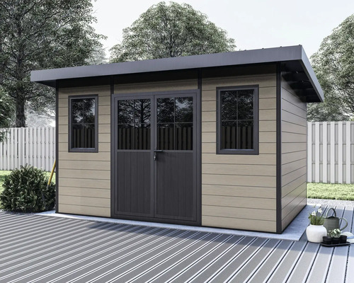 Modernes Gartenhaus mit Pultdach, zwei Fenstern und Doppelflügeltür in einem Garten auf einer Terrasse.