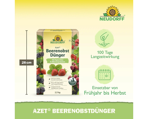 Neudorff Azet Beerenobst Dünger, 2,5 kg Packung mit 100 Tagen Langzeitwirkung, geeignet für den ökologischen Landbau.