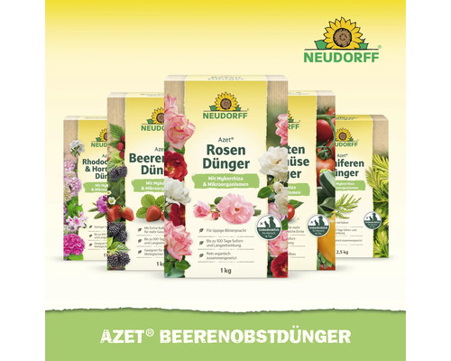 Verschiedene Neudorff Azet Dünger Produkte für unterschiedliche Pflanzen im Garten