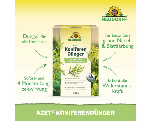 Neudorff Azet Koniferendünger 2,5 kg mit Mykorrhiza und Mikroorganismen für gesunde Nadelgehölze und Langzeitwirkung.