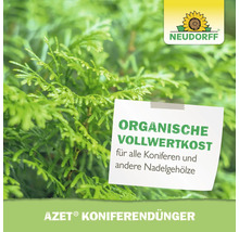 Neudorff Azet Koniferendünger als organischer Volldünger für alle Koniferen und Nadelgehölze vor einer Nadelbaumhecke