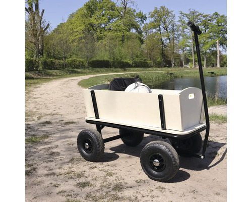Ein hölzerner Handwagen mit Luftreifen steht auf einem Waldweg am Wasser.
