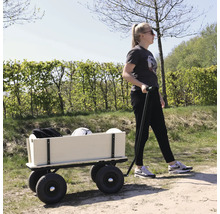 Eine Frau zieht einen Bollerwagen aus Holz mit Gummirädern auf einem Weg im Freien bei sonnigem Wetter.