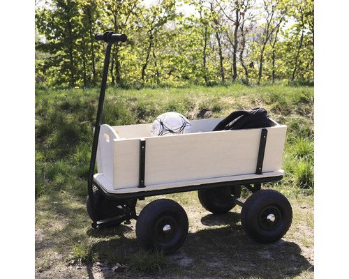 Ein Bollerwagen aus Holz mit vier luftgefüllten Reifen und einer schwarzen Deichsel steht auf einer Wiese.