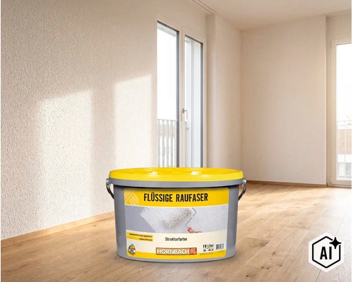 Ein Eimer Hornbach Flüssige Raufaser Strukturfarbe mit 10 Litern Inhalt in einem hellen, modern eingerichteten Raum mit Holzfußboden. (Image AI modified or generated)