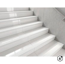 Treppe mit glatten Stufenfliesen und geriffelter Sicherheitskante vor einer Betonwand mit Handlauf (Image AI modified or generated)