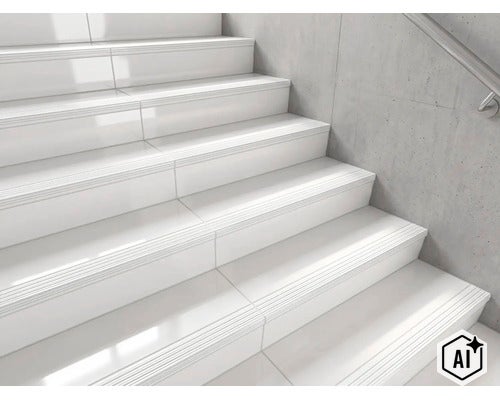 Treppe mit glatten Stufenfliesen und geriffelter Sicherheitskante vor einer Betonwand mit Handlauf (Image AI modified or generated)