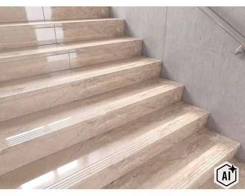Treppe mit hochwertigen Stufenfliesen in Marmoroptik und profilierter Trittkante vor einer hellen Wand mit Handlauf. (Image AI modified or generated)