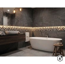 Modernes Badezimmer mit freistehender Badewanne, Aufsatzwaschbecken, Mosaikfliesenbordüre und indirekter Beleuchtung an einer Schieferoptikwand. (Image AI modified or generated)
