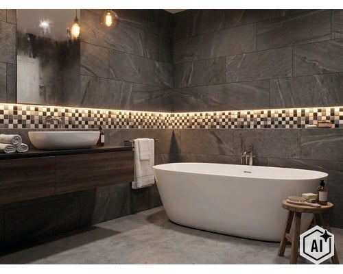 Modernes Badezimmer mit freistehender Badewanne, Aufsatzwaschbecken, Mosaikfliesenbordüre und indirekter Beleuchtung an einer Schieferoptikwand. (Image AI modified or generated)